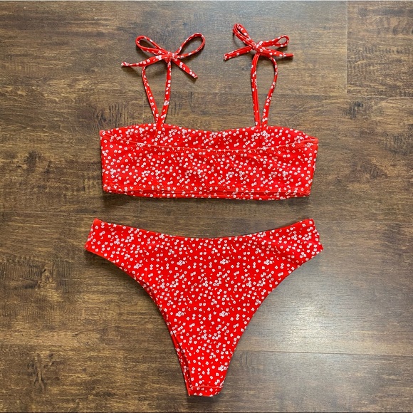 new shein ditsy floral tie shoulder bikini size small - Picture 2 of 5